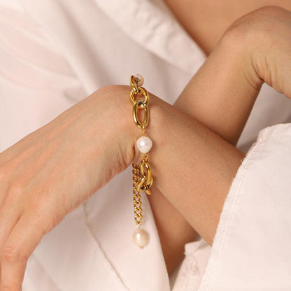 Summer Must-Have: Baroque Freshwater Pearl Bracelet with a Touch of Metal 15cm+2cm - Real hot sour