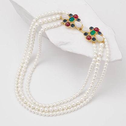 Layered Vintage Pearl Necklace with Jewel Pendant - Real hot sour